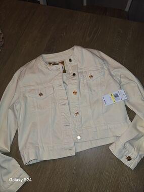 MICHAEL Michael Kors Cream Cropped Button-Front Jean Jacket Sz M New NWT